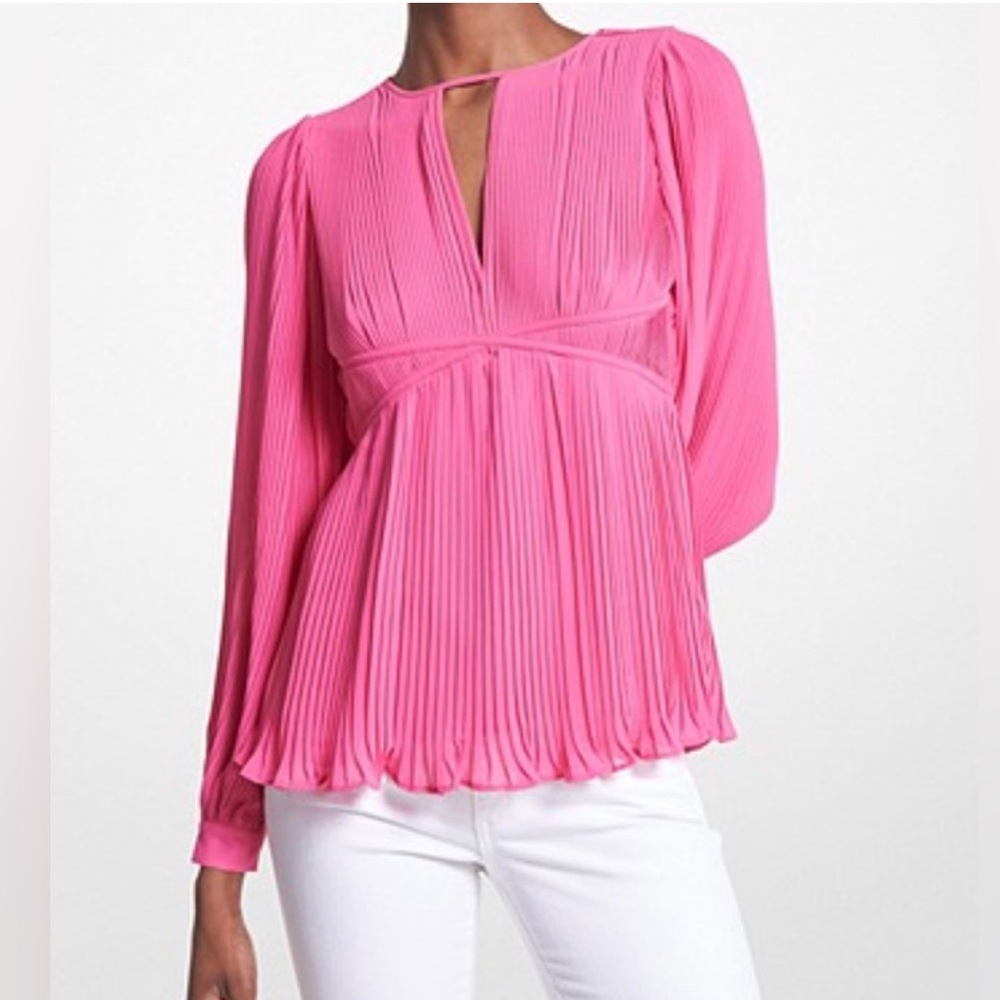 MICHAEL Michael Kors Pleated Keyhole Long-Sleeve Top - Hot Pink